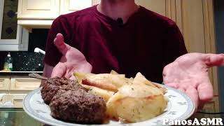 Eating Greek Roasted Burgers with potatoes 3  Panos ASMR Greek Mukbang [upl. by Allrud]