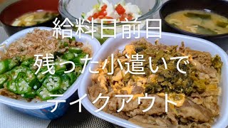 【すき家】高菜明太マヨ牛丼特盛・かつぶしオクラ牛丼並盛をテイクアウトして嫁と食べるサラリーマン【給料日前日vlog日常】 [upl. by Dlorag]