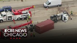 Truck flips over snags traffic on I90 northwest of Chicago [upl. by Devon672]