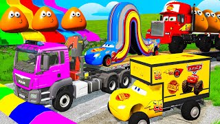 Flatbed Trailer Truck Rescue Big amp Small Long Mack Truck with POU vs Train Thomas  BeamNGDrive [upl. by Glenna]