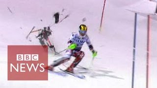 Drone narrowly misses skier Marcel Hirscher during slalom race  BBC News [upl. by Suki]