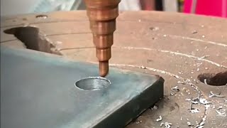 Drilling thick Metal ● Chamfering plate with Step Drillbit ASMR drilling metal work machine [upl. by Aynuat512]