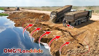 OMG Land Sink Slide Down Again Repaire Back with Trucks amp Komatsu D58 Dozers Pushing Soil [upl. by Horne228]