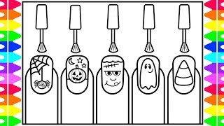 How to Draw Halloween Nail Art for Kids 🎃💅👻💜🖤💚Halloween Nail Art Drawing and Coloring Pages [upl. by Grantland]