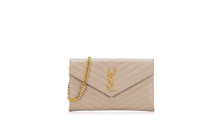 Saint Laurent Grain De Poudre Matelasse Monogram 22cm Chain Wallet Dark Beige [upl. by Vorfeld]