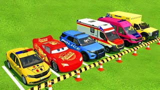 DACIA MCQUEEN CAR FORD POLICE CARS AMBULANCE EMERGENCY TRANSPORTING WITH TRUCKS  FS22 [upl. by Airdnola]