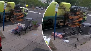 Garbage truck tosses woman from bench in wild video [upl. by Nahem754]