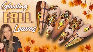 🍁 Easy GLOWING Autumn Leaf Nail Art Design  New Madam Glam  Fall Nails  Tartan Bling Cateye [upl. by Wooldridge]