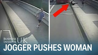 CCTV footage shows the shocking moment a jogger appears to push a woman in front of a London bus [upl. by Cirdahc16]