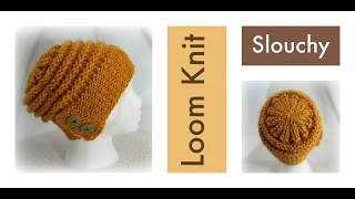 How to Loom Knit Hat Slouchy Beanie with FlapOver Brim  Knit and Purl Stitch  Loomahat [upl. by Eduj]