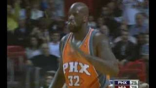 Shaquille ONeal Blocked By Jamario Moon Heat vs Suns 4309 [upl. by Acireit180]