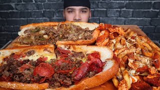 ASMR PEPPERONI STEAK PHILLY CHEESESTEAK OG PHILL CHEESESTEAK AND BUFFALO CHICKEN POUTINE MUKBANG [upl. by Jaret]