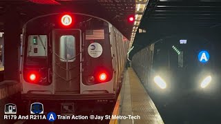 IND Fulton St Lines R179 and R211A A Train Action Jay St MetroTech [upl. by Ayotahs793]