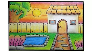 Cara menggambar pemandangan rumah mudah dan bagushow to draw easy scenery [upl. by Genevra]