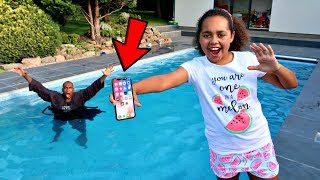 MY DADS iPhone X IN OUR SWIMMING POOL PRANK [upl. by Gall]