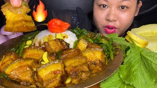 MOUTHWATERING SPICY JUICY GARLICKY MUSTARD LEAVES FATTY PORK BELLY MUKBANG  BIG BITES  ASMR [upl. by Chalmers]