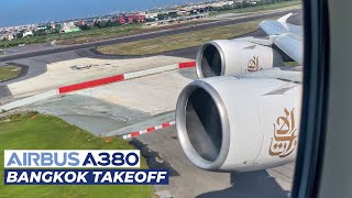 Emirates Airbus A380 Takeoff from Bangkok Thailand  Wing amp Engine View  Scenic Departure 4K [upl. by Boniface]