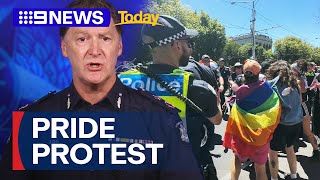 Police pelted with paint bombs at Pride march in Melbourne  9 News Australia [upl. by Alyak511]