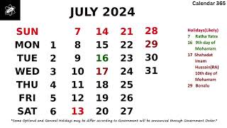 July 2024 Calendar With Holidays 📅 Calendar 365 📅 [upl. by Llertnac]