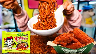 SPICY FIRE BLACK BEAN NOODLES  WINGSTOP ATOMIC WINGS l MUKBANG [upl. by Anreval167]