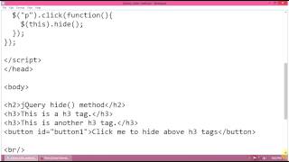 jQuery Example Using jQuery hide method on button click and p tag [upl. by Nnaed966]