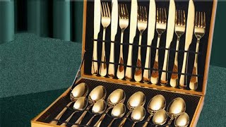 Gold Design Tableware Set Table Knife Spoon Fork And Coffee Spoon Gold Plated Stainless Review [upl. by Qerat591]