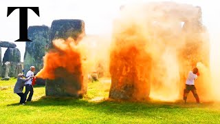 Just Stop Oil spray Stonehenge in climate protest [upl. by Noeruat]